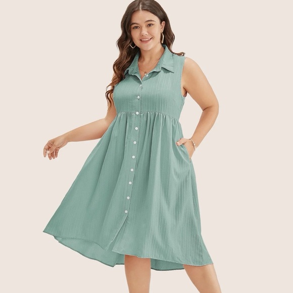 BloomChic Solid Shirt Collar Ruffle Pocket High Low Hem Button Up Dress - Picture 3 of 4